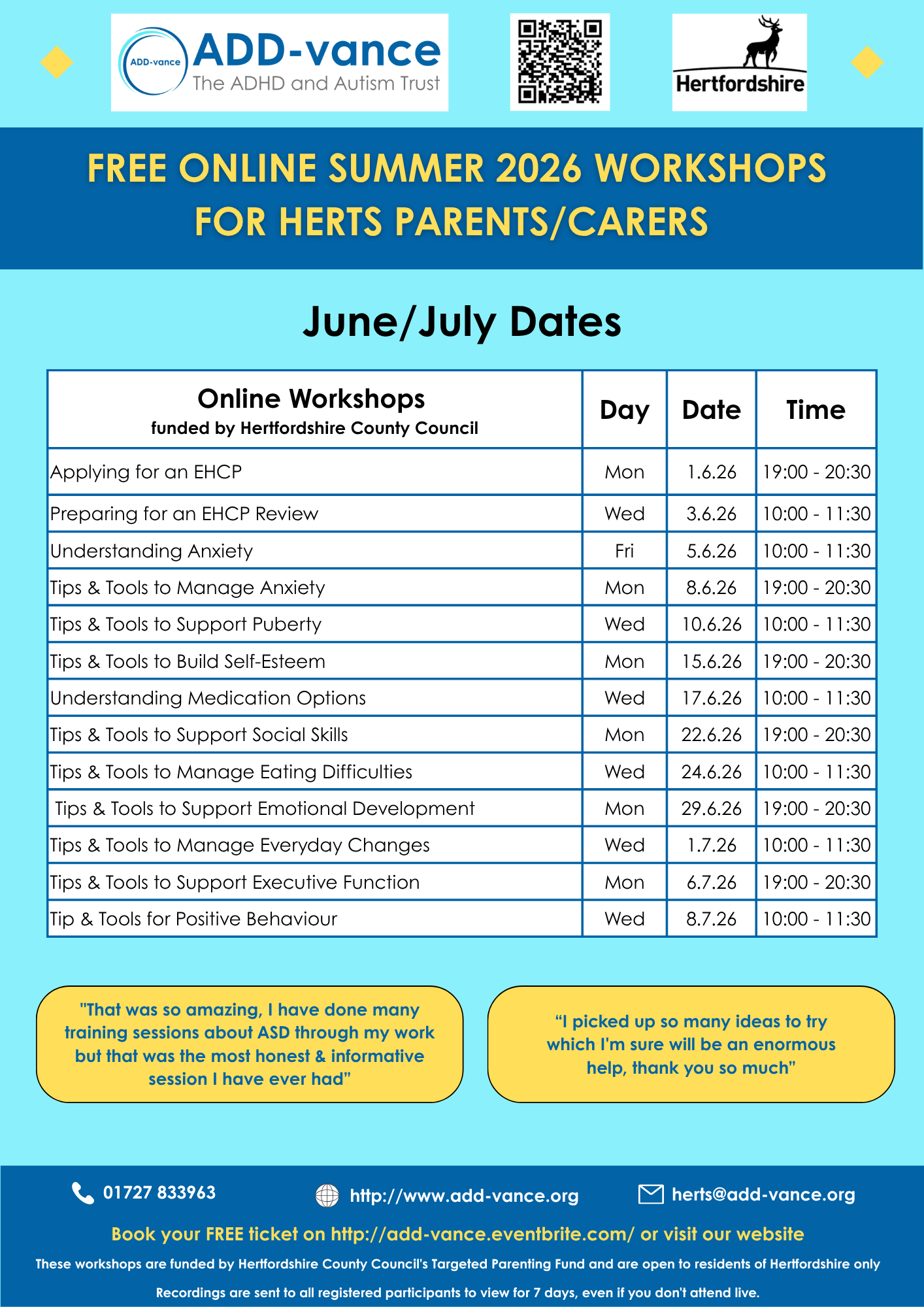 ADD vance Summer 2026 Workshops (June July)